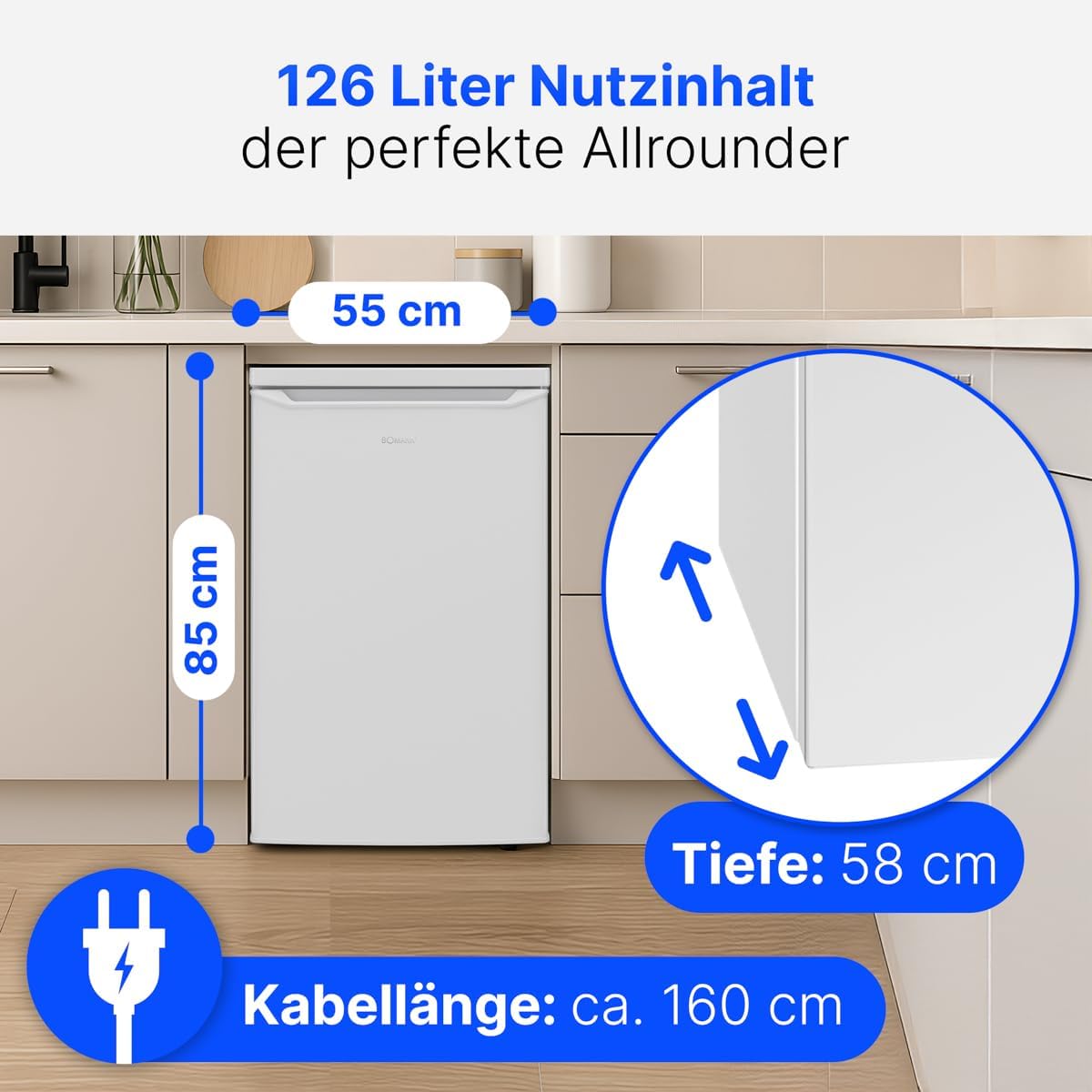 Refrigerador Bomann® sin congelador | Clase energética C | 85 cm | 5 años de garantía en el compresor | Refrigerador pequeño | 0-8 °C | silencioso 35 dB | 3 estantes | Refrigerador estándar 126 L | VS 7258 blanco