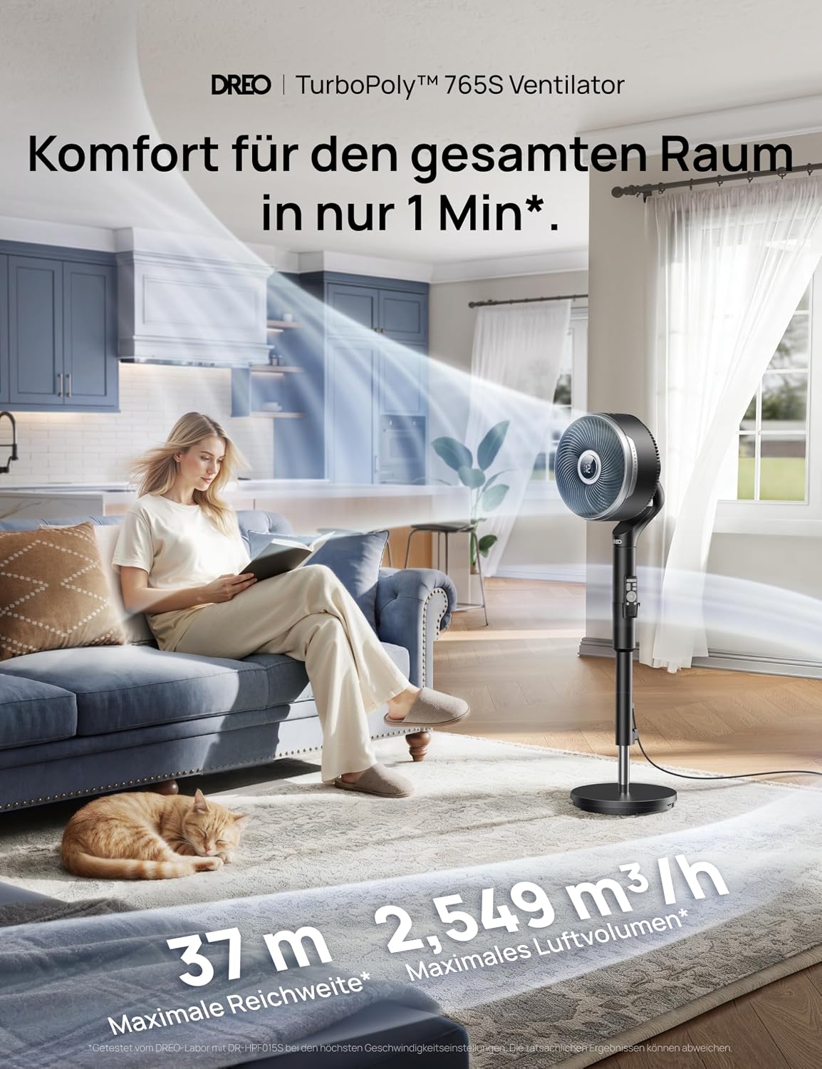 Ventilador inteligente DREO para dormitorio, ventilador de pie, oscilación omnidireccional de 150°+100°, alcance de circulación de aire de 36,6 m, motor CC silencioso, 12 velocidades, 6 modos, 20 dB, control remoto, temporizador de 12 horas.
