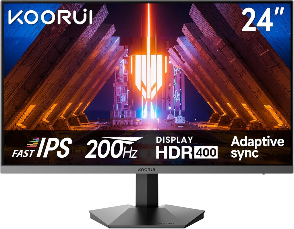 Monitor Gaming KOORUI 200Hz, Pantalla para Juegos de 24 Pulgadas, Fast IPS, HDR 400, Adaptive Sync, FHD 1080P, 1ms, VESA 75x75mm, HDMI 2.0 y DP1.4