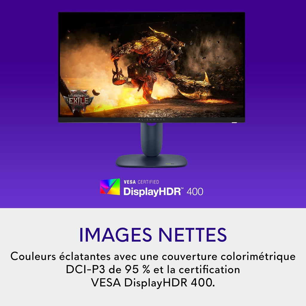 Monitor Gaming Alienware 27 - AW2725DM, QHD (2560x1440), 180Hz, Fast IPS, 1ms, Compatible con NVIDIA G-Sync, AMD FreeSync, 95% DCI-P3, HDR400, DisplayPort, 2 HDMI, 3 USB, 3 años de garantía