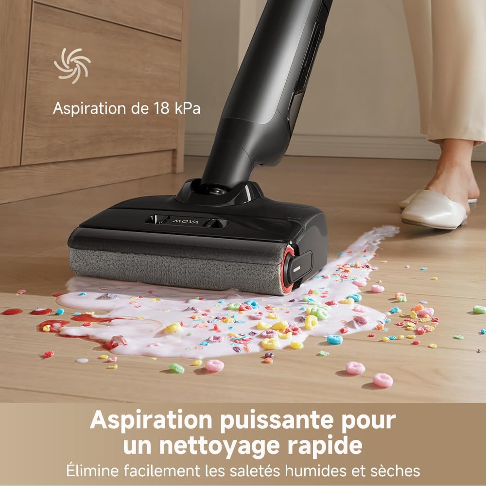 Aspirador en seco y húmedo Mova M10, alcance plano de 180°, flexible y giratorio 90°, peso de 0,9 kg en mano, autolimpieza de cepillo a 75 °C + secado con aire caliente en 5 min, antienredos, succión de 18 kPa