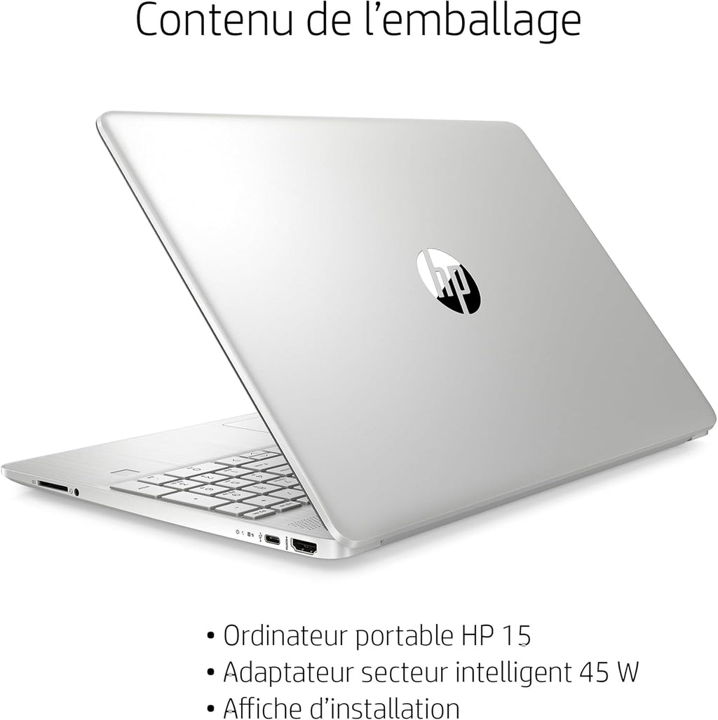 HP 15s-fq5004sf Ordenador portátil 15,6" FHD IPS, PC portátil (Intel Core i7-1255U, 16 GB de RAM, SSD 512 GB, Intel Iris XE, Windows 11), portátil plateado, teclado AZERTY