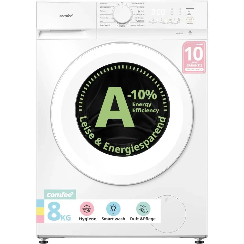 Lavadora de carga frontal de 8 kg CF08EWP05W con función de vapor y programa para pelo de mascota, 16 programas, clase de eficiencia energética A-10 y función de pausa y carga.