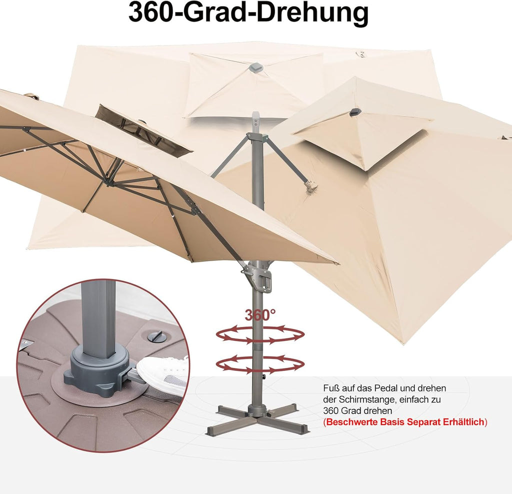 LKINBO Sombrilla rectangular de 300 x 400 cm con soporte y manivela, sombrilla de jardín grande tipo voladizo, giratoria 360°, resistente al viento, impermeable, para patio, terraza y exteriores, caqui