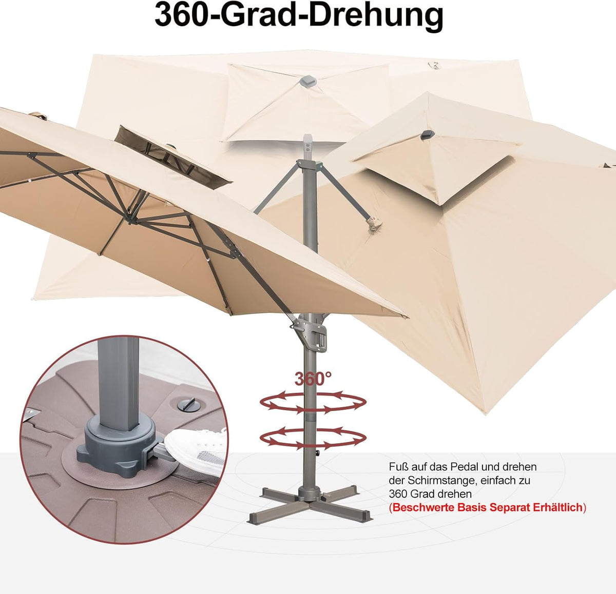 LKINBO Sombrilla rectangular de 300 x 400 cm con soporte y manivela, sombrilla de jardín grande tipo voladizo, giratoria 360°, resistente al viento, impermeable, para patio, terraza y exteriores, caqui