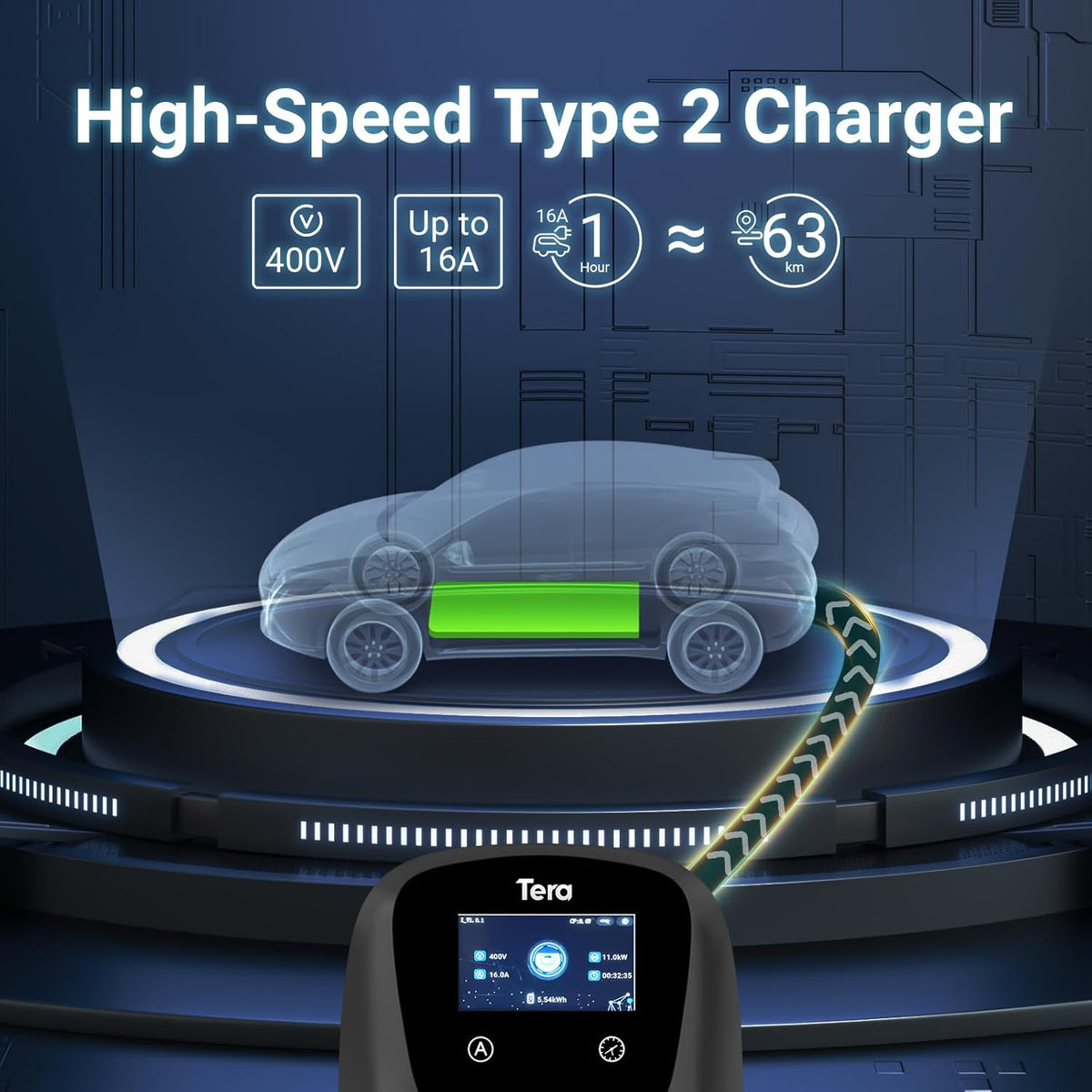 Cargador de vehículo eléctrico inteligente Tera Wallbox Tipo 2 con APP 11kW 16A 400V CE&TÜV, WiFi y Bluetooth, cable de carga de 7m con soporte, Wallbox para el hogar, enchufe CEE trifásico para EV y PHEV W01 Negro
