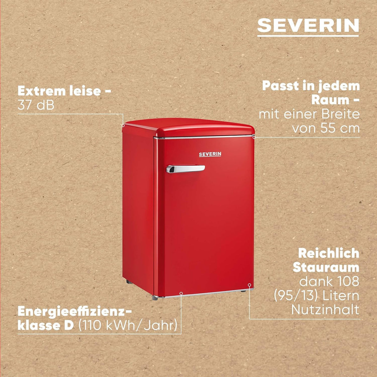 Mini refrigerador retro SEVERIN, incluye opción de refrigeración que ahorra espacio, 2 estantes ajustables en altura, compartimento congelador integrado, extremadamente silencioso - 37 dB, 108 L de capacidad útil, rojo, RKS 8830