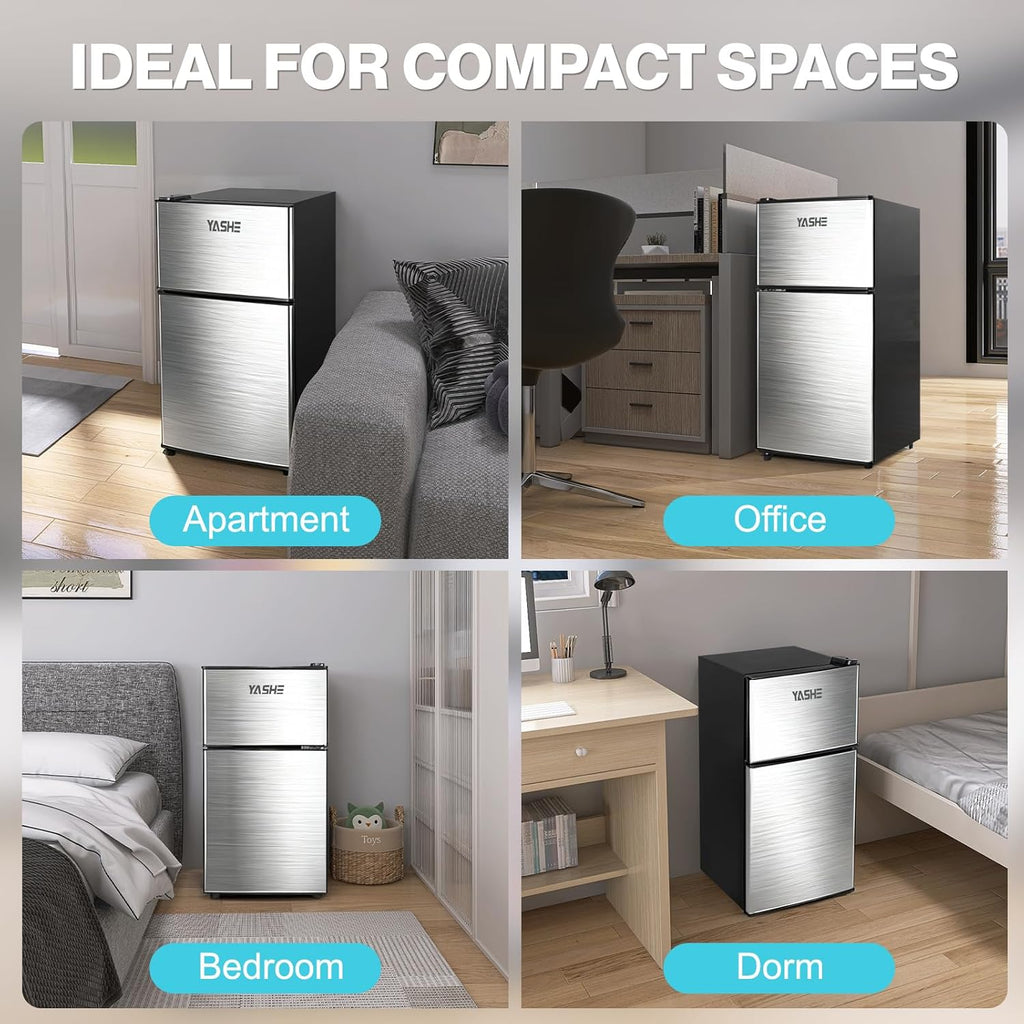 YASHE 86L Mini-refrigerador con congelador, nevera de doble puerta con congelador superior, frigorífico combinado, refrigerador con congelador para habitación, oficina, cocina y dormitorio, negro