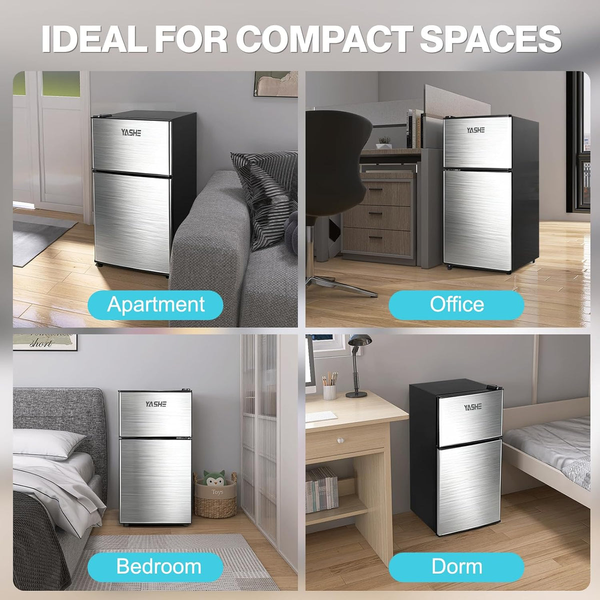 YASHE 86L Mini-refrigerador con congelador, nevera de doble puerta con congelador superior, frigorífico combinado, refrigerador con congelador para habitación, oficina, cocina y dormitorio, negro