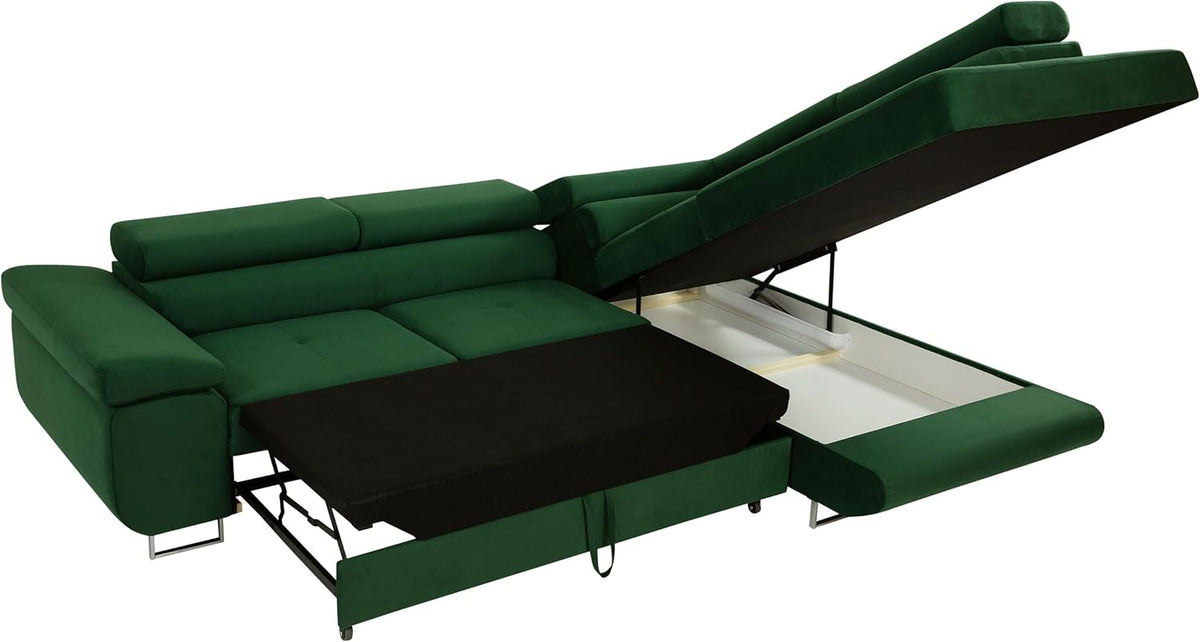 Sofá rinconero Mirjan24 Torezio con arcón, reposacabezas ajustables, sofá cama, sofá esquinero para salón, sofá tapizado, sofá en forma de L con función cama (Manila 16, lado: derecho)