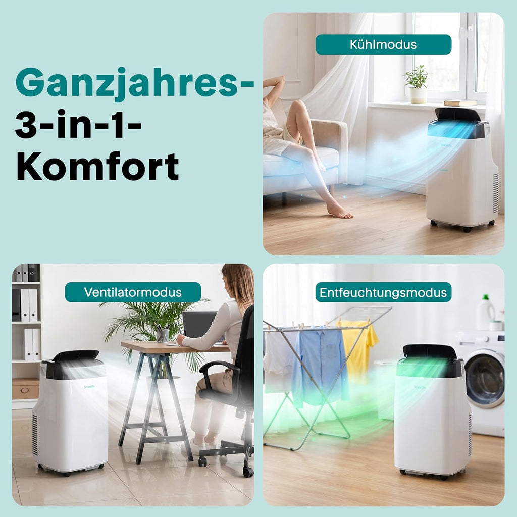 Aire acondicionado portátil SereneLife de 4 kW y 9000 BTU – Unidad de aire acondicionado silenciosa de 52 dB para dormitorios de hasta 20 m², enfriamiento agradable en días calurosos, con deshumidificador, ventilador y control remoto