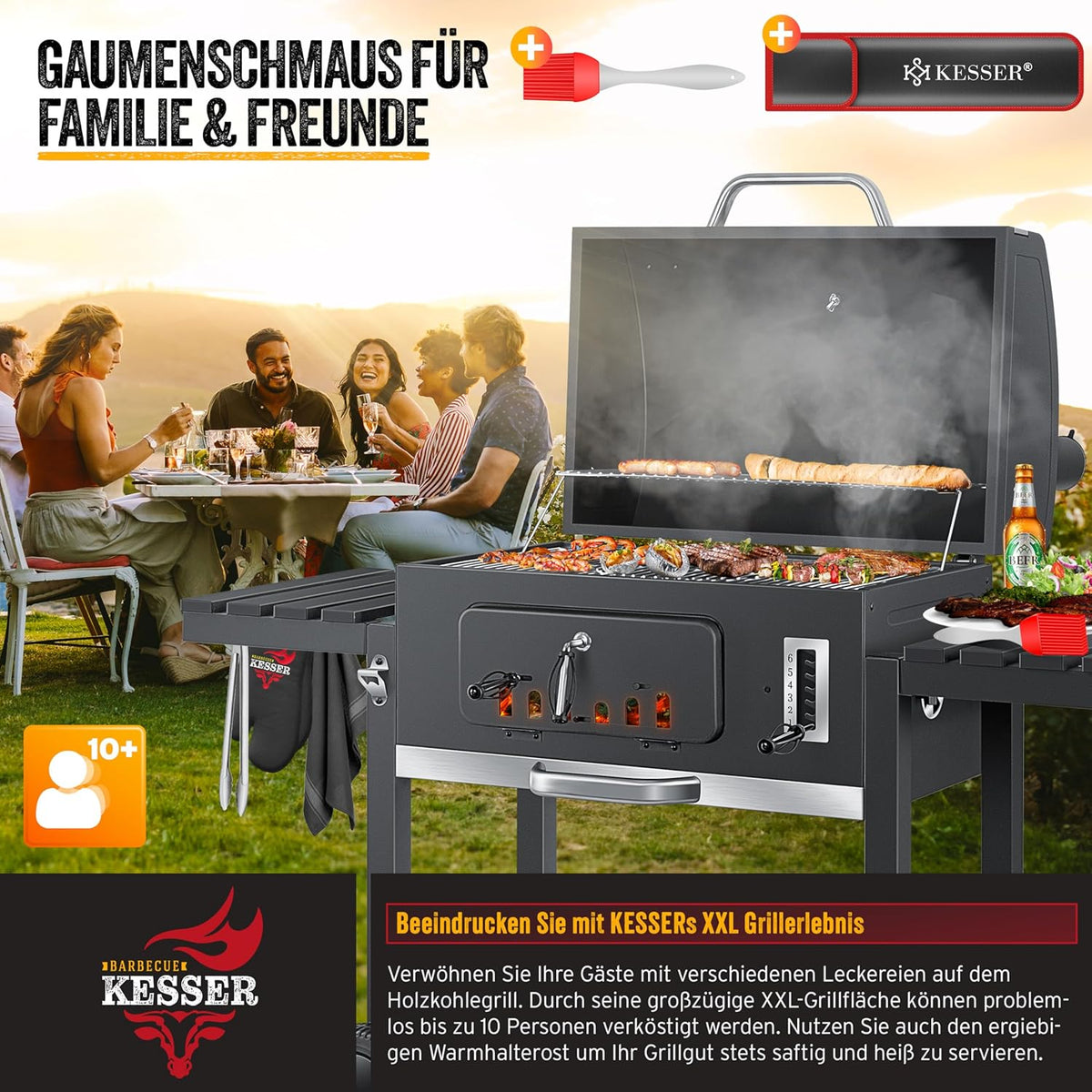 KESSER® Barbacoa Carrito BBQ Smoker XXL Parrilla de carbón con tapa, ruedas, asa de acero inoxidable, rejilla y termómetro, 8 brochetas con estuche y pincel de silicona, parrilla de pie, carrito de carbón