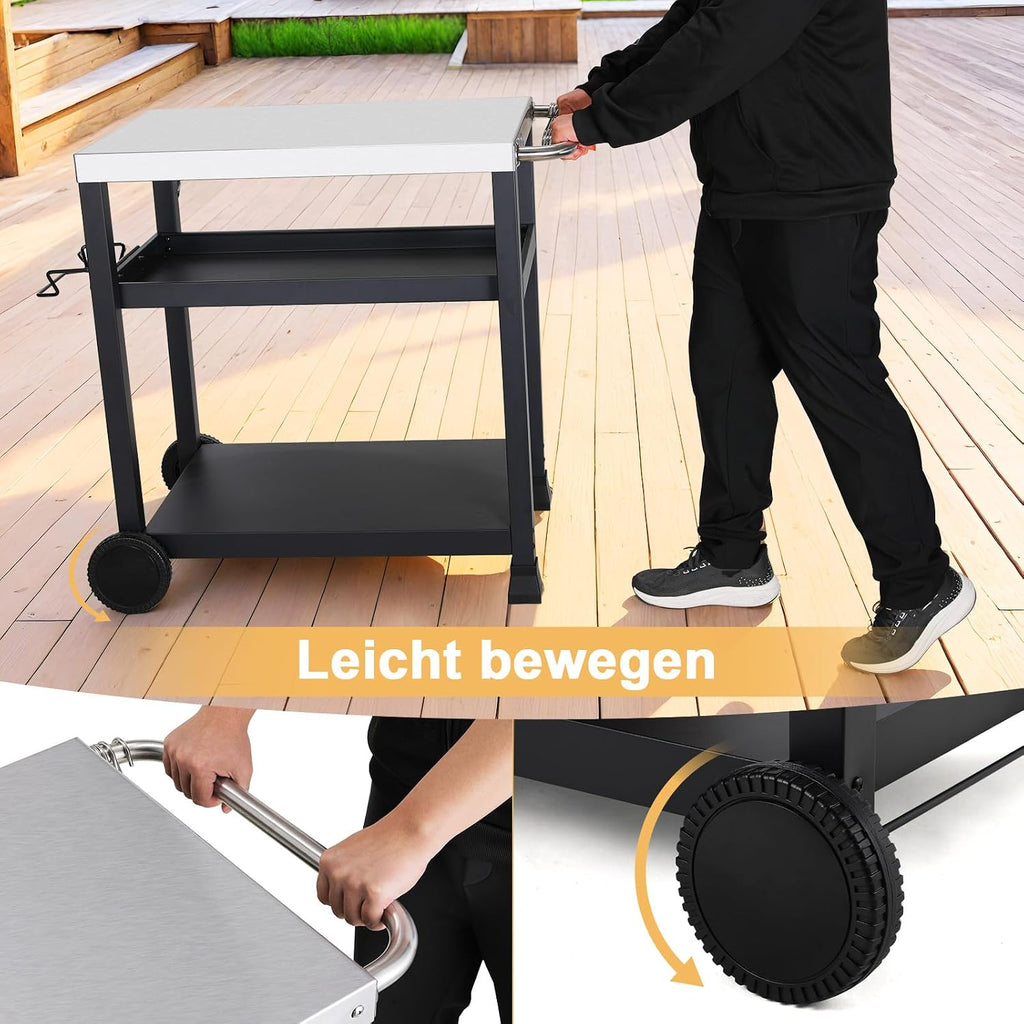 LIFERUN Edelstahl Grillwagen 3 Etagen, Grilltisch Outdoor mit Edelstahl Tischplatte, Grill Beistelltisch Servierwagen, Garten Trolley Küchenwagen mit Rollen Haken, BBQ Beistellwagen Außenbereich