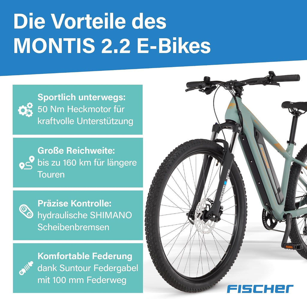 Bicicleta eléctrica de montaña Fischer E-Bike MTB Montis 2.2 Active para hombre y mujer, talla de cuadro 49, motor trasero 50 Nm, batería de 48 V