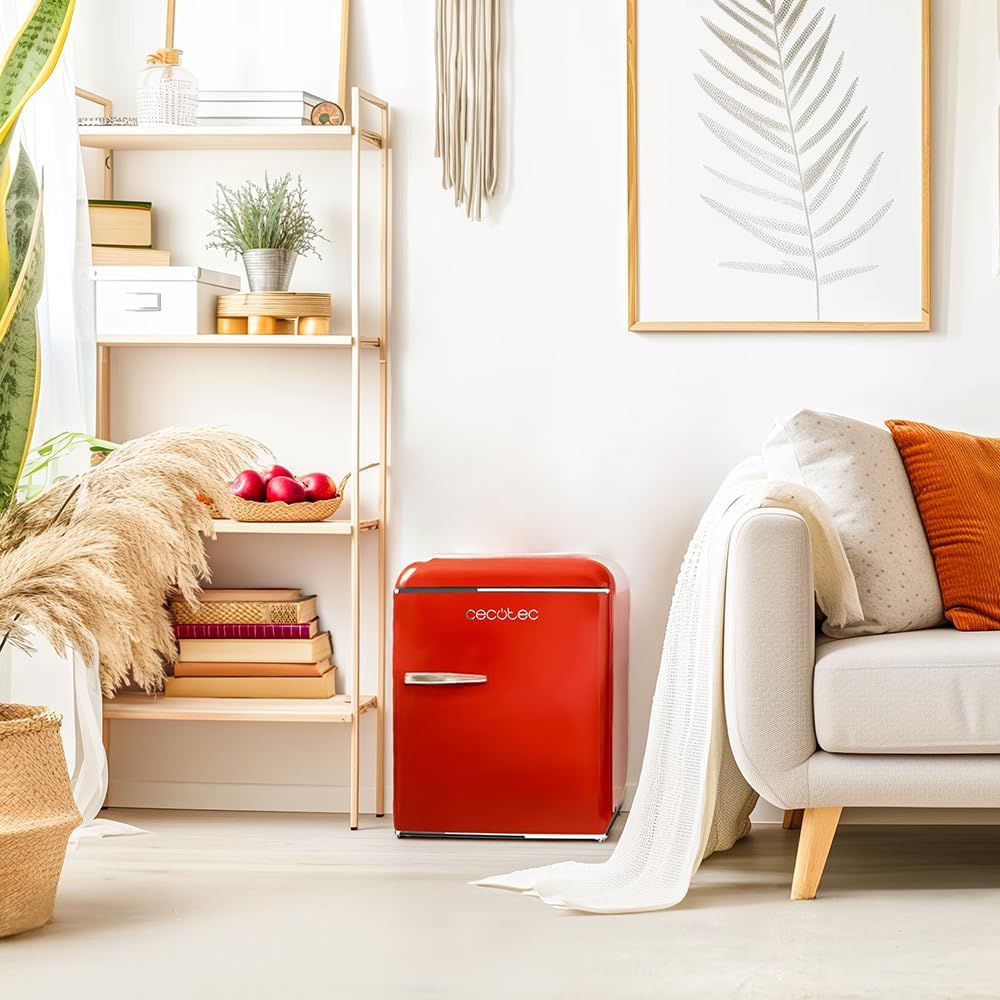 Cecotec Mini Frigo Bolero CoolMarket TT Origin 45 Rouge. Frigorífico de mesa retro de 45 l, 55 cm de alto, 44,7 cm de ancho, clase energética E, cubitera y tirador cromado, rojo