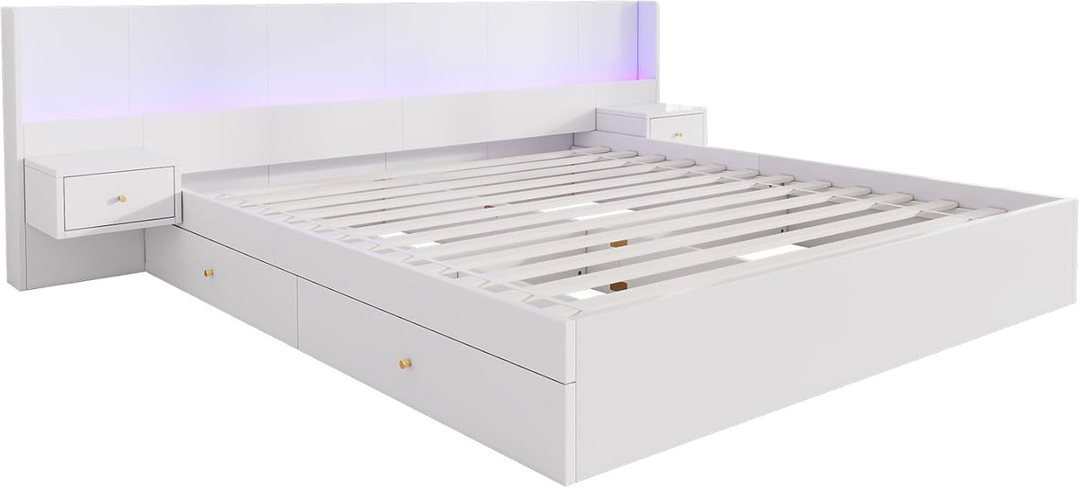 Cama de matrimonio 180x200 con espacio de almacenamiento, 2 cajones, cabecero LED extra ancho con 2 mesitas de noche y puerto USB, cama de madera con almacenaje, estructura de cama con somier, cama juvenil, sin colchón, blanco
