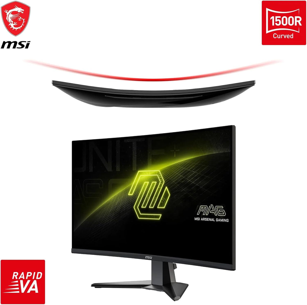 Monitor gaming curvo MSI MAG 27C6F de 27" FHD - Panel Rapid VA 1920 x 1080 1500R, 180 Hz / 0,5 ms (GtG, Mín.), Adaptive-Sync - DP 1.2a, HDMI CEC