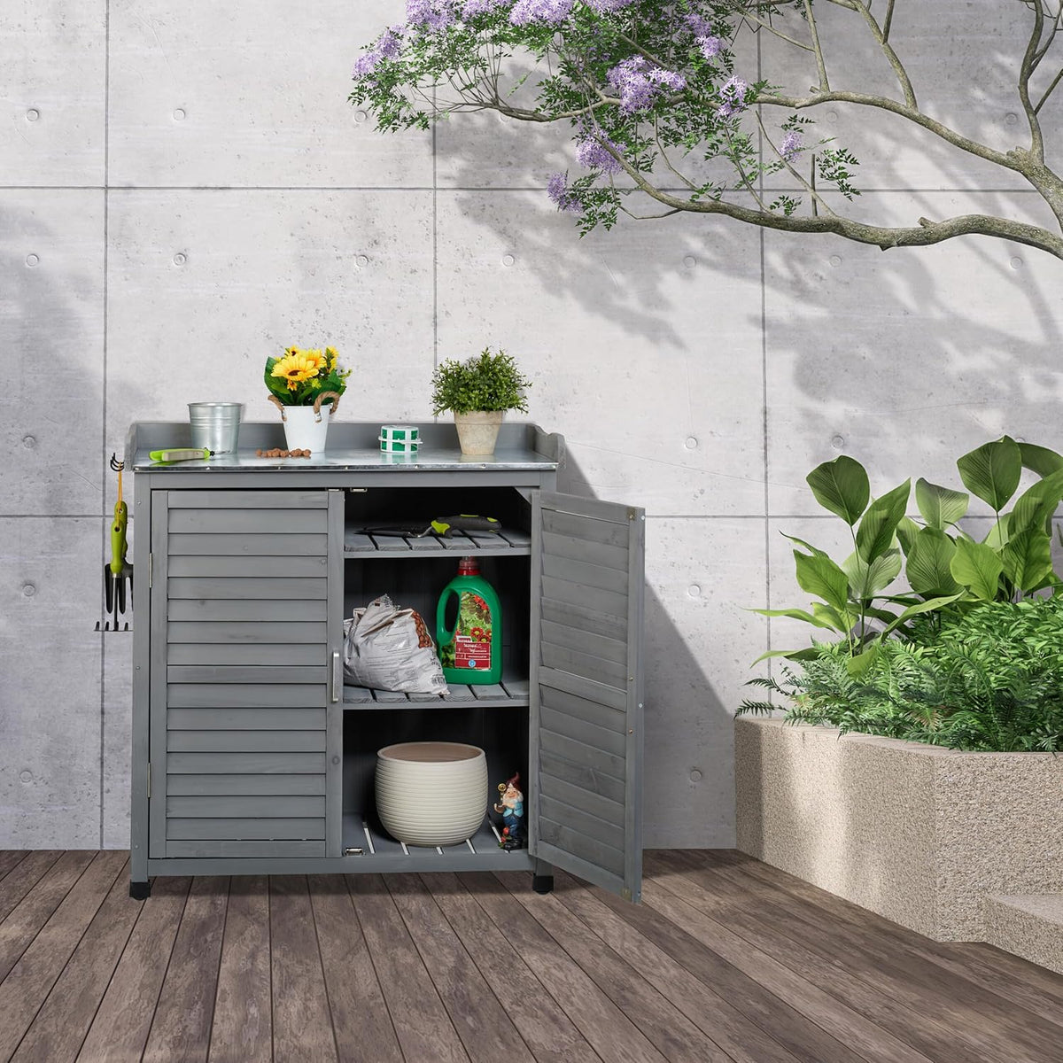 Relaxdays Mesa de cultivo con armario inferior, 3 ganchos, madera, encimera de zinc, Al x An x Pr: 92 x 90 x 45 cm, armario de jardín, gris