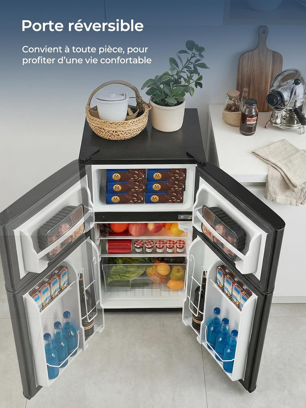 Mini frigorífico FOHERE con congelador, pequeño, 90 L (26 L de congelador | 64 L de frigorífico), para dormitorio, termostato de 7 niveles, eficiencia energética, 43 dB, con puerta reversible, para residencias y apartamentos