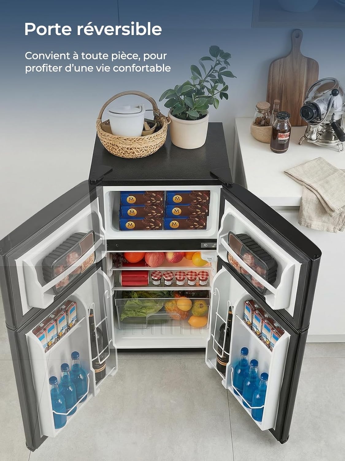 Mini frigorífico FOHERE con congelador, pequeño, 90 L (26 L de congelador | 64 L de frigorífico), para dormitorio, termostato de 7 niveles, eficiencia energética, 43 dB, con puerta reversible, para residencias y apartamentos