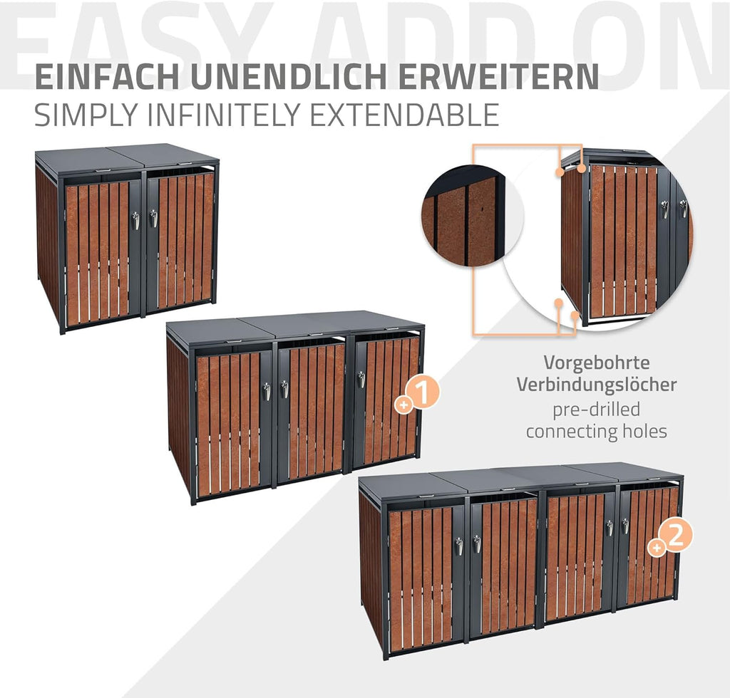 Cubre contenedores ML-Design de 3 unidades para 240L, cerramiento para 3 cubos de basura, caseta resistente a la intemperie, estructura de acero, contenedor con tapa, puerta con cerradura, 200x80x116,3 cm, color antracita efecto óxido