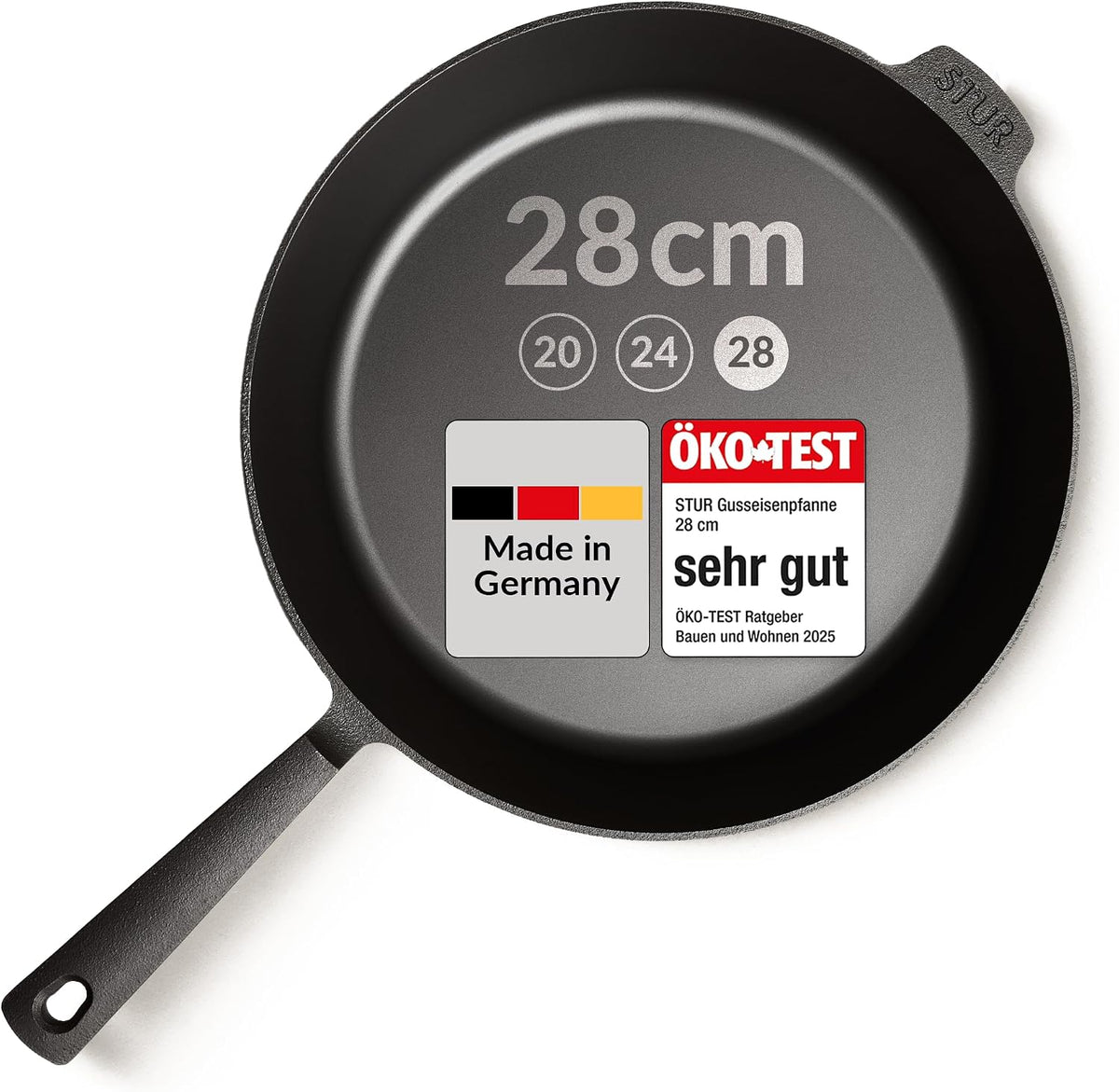 Sartén de hierro fundido de 28 cm, apta para inducción y todo tipo de cocinas, pulida finamente, sin recubrimiento, fabricada en Alemania.