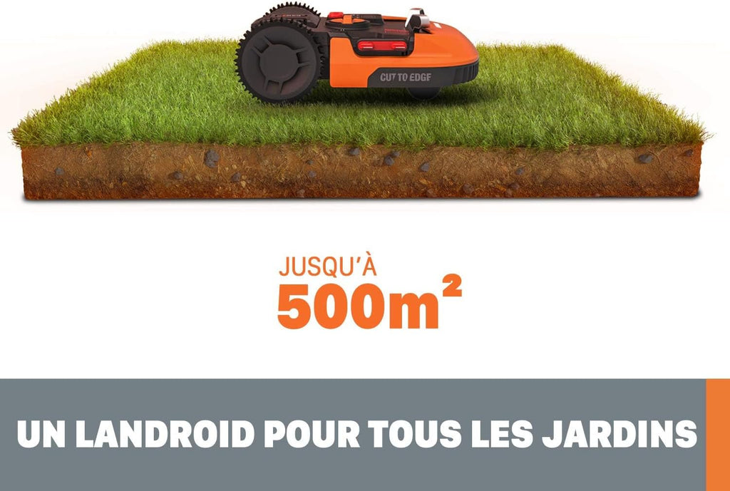 Robot cortacésped inteligente y conectado WORX Landroid Plus WR165E, 500 m² (máx. 600 m²), fácil instalación, configurable, pendiente del 35%, sensor de lluvia, corte de bordes, corte rápido