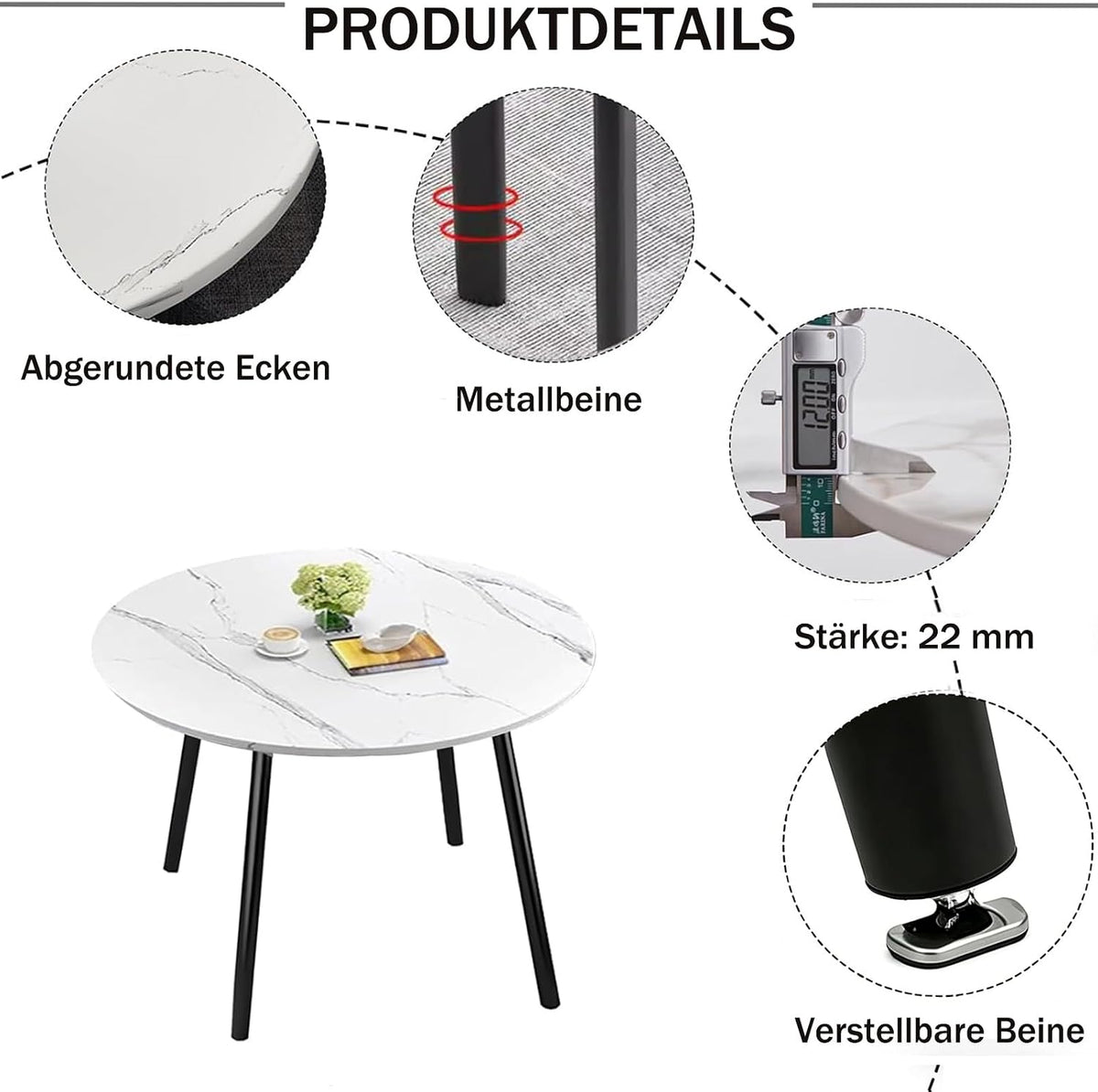 Juego de mesa de comedor y 4 sillas, mesa de comedor redonda de 90 cm y 4 sillas de comedor de piel sintética, ahorro de espacio para cocina, salón, balcón, restaurante, oficina, madera + gris claro, redondo blanco y negro