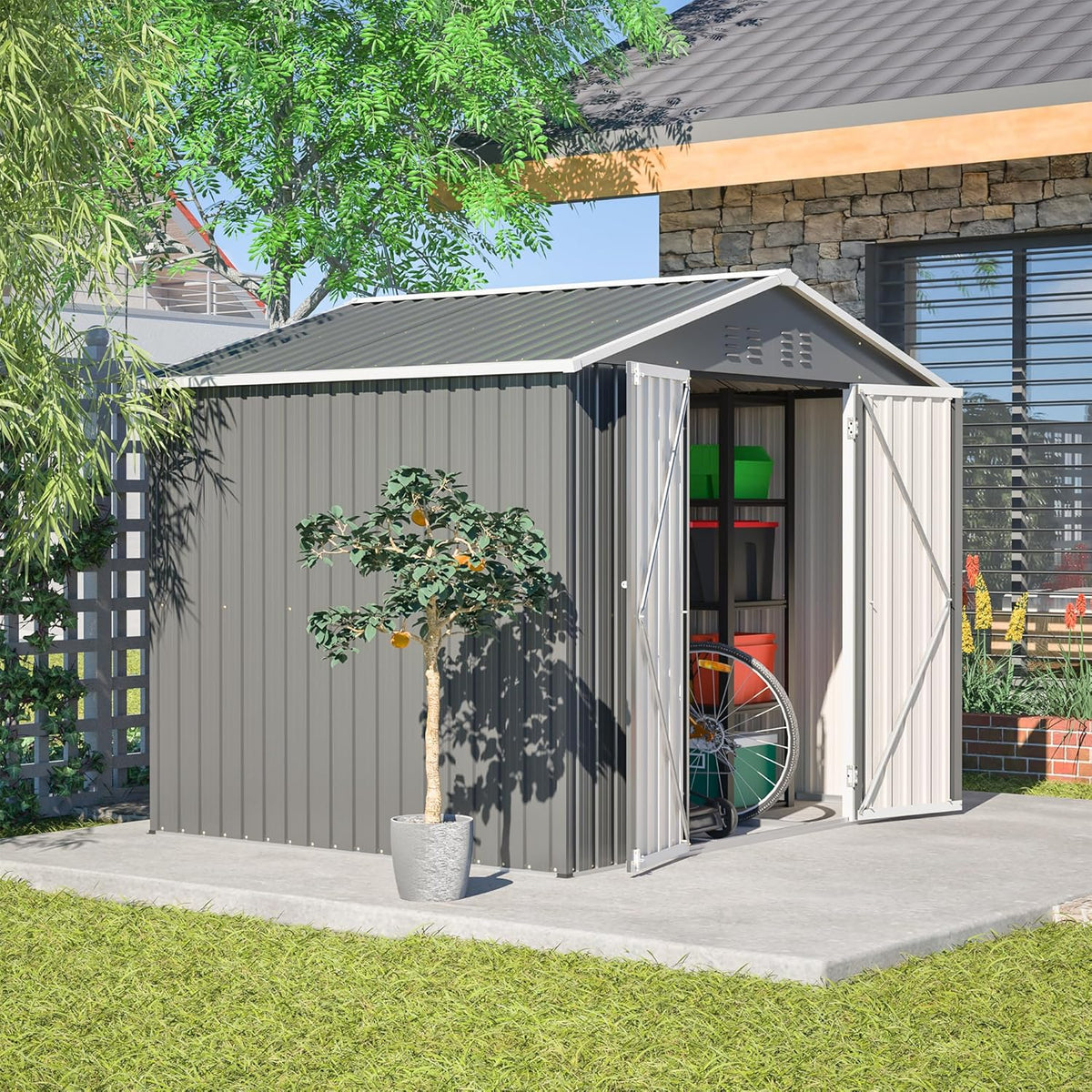 Cobertizo de jardín robusto de metal con techo a dos aguas XXXL (300 x 252 x 191 cm) Almacenamiento seguro para herramientas y equipos de jardinería Gris