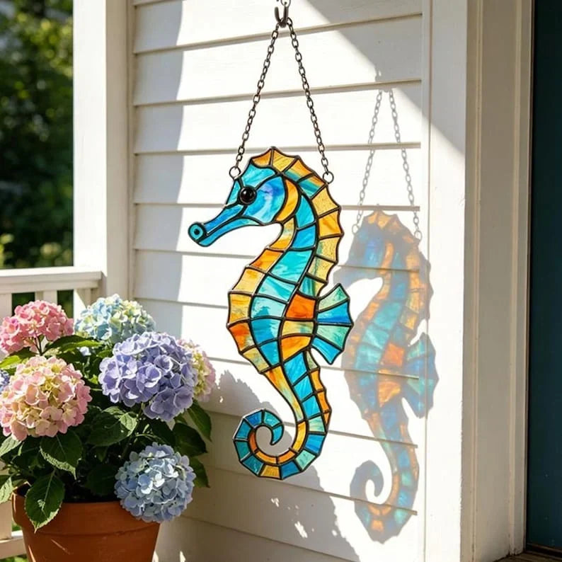 Atrapasueños de vitral de caballito de mar, colgante de ventana de océano, decoración de pared de vidrio costero, decoración de casa de playa, 4-12 pulgadas