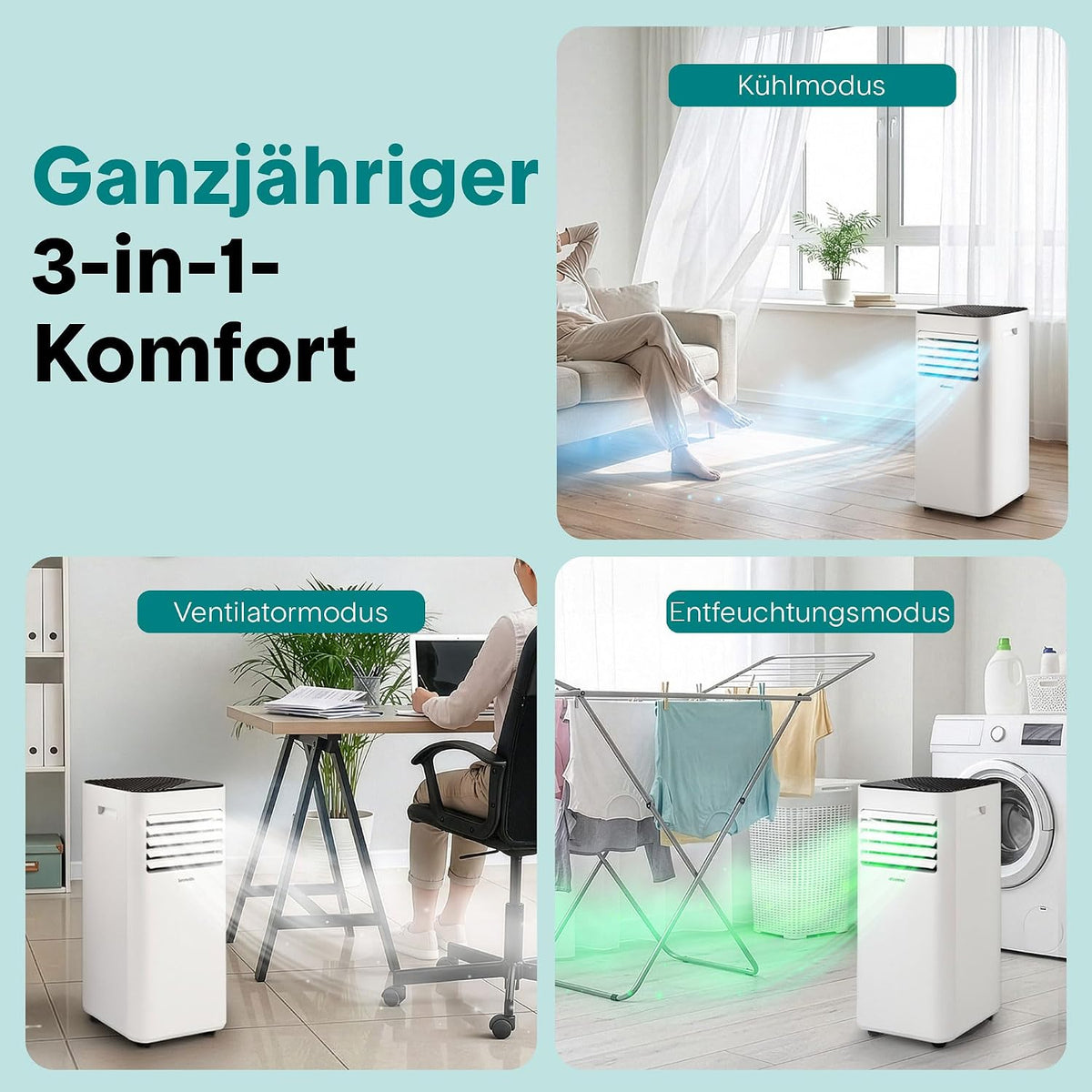 Aire acondicionado portátil SereneLife blanco 9000 BTU 2,64 kW para 28 m² – Aire acondicionado con tubo de escape, 3 en 1 con deshumidificador y ventilador, silencioso 54 dB, incluye kit de ventana y control remoto