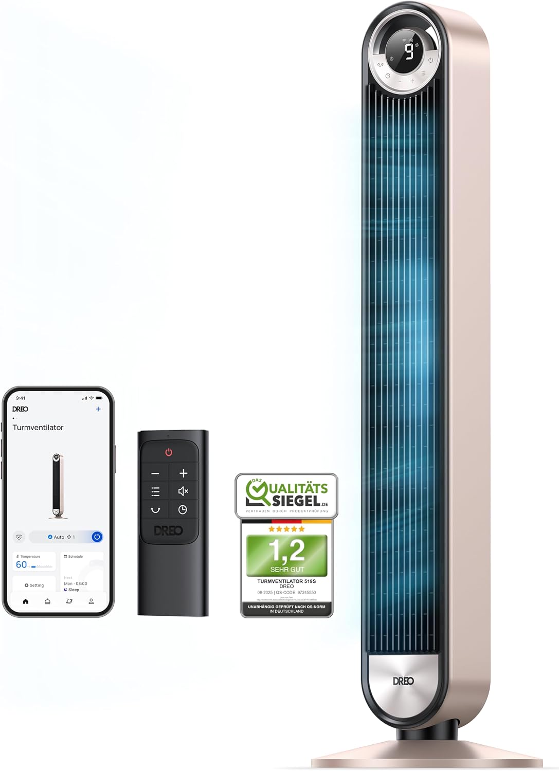 Ventilador de torre inteligente DREO silencioso de 25 dB con refrigeración, ventilador de torre WiFi de 106 cm compatible con Alexa, oscilación de 90°, mando a distancia, 9 velocidades, 4 modos, temporizador de 12 horas, control por voz, luz estelar