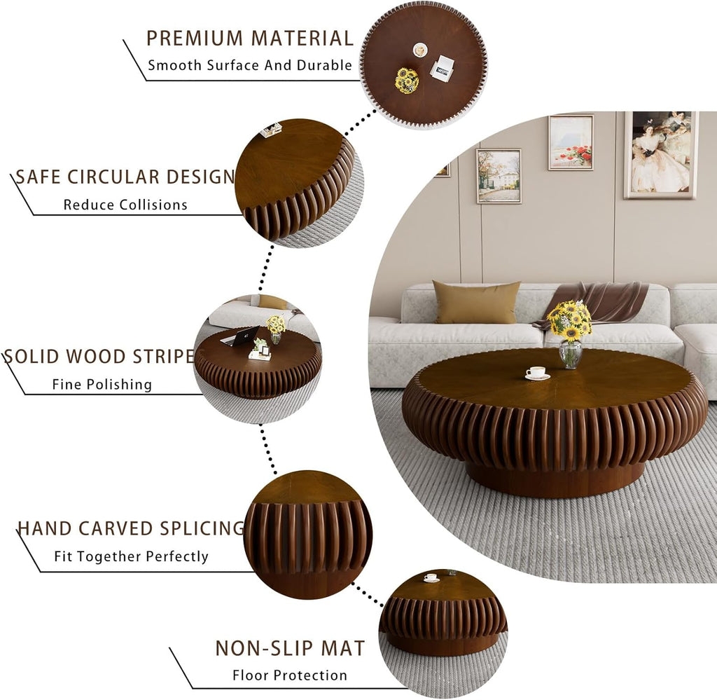 Mesa de centro redonda tipo tambor de madera, superficie acanalada, diseño de mediados de siglo, mesa de salón, estable y duradera (B madera de nogal 100 cm)