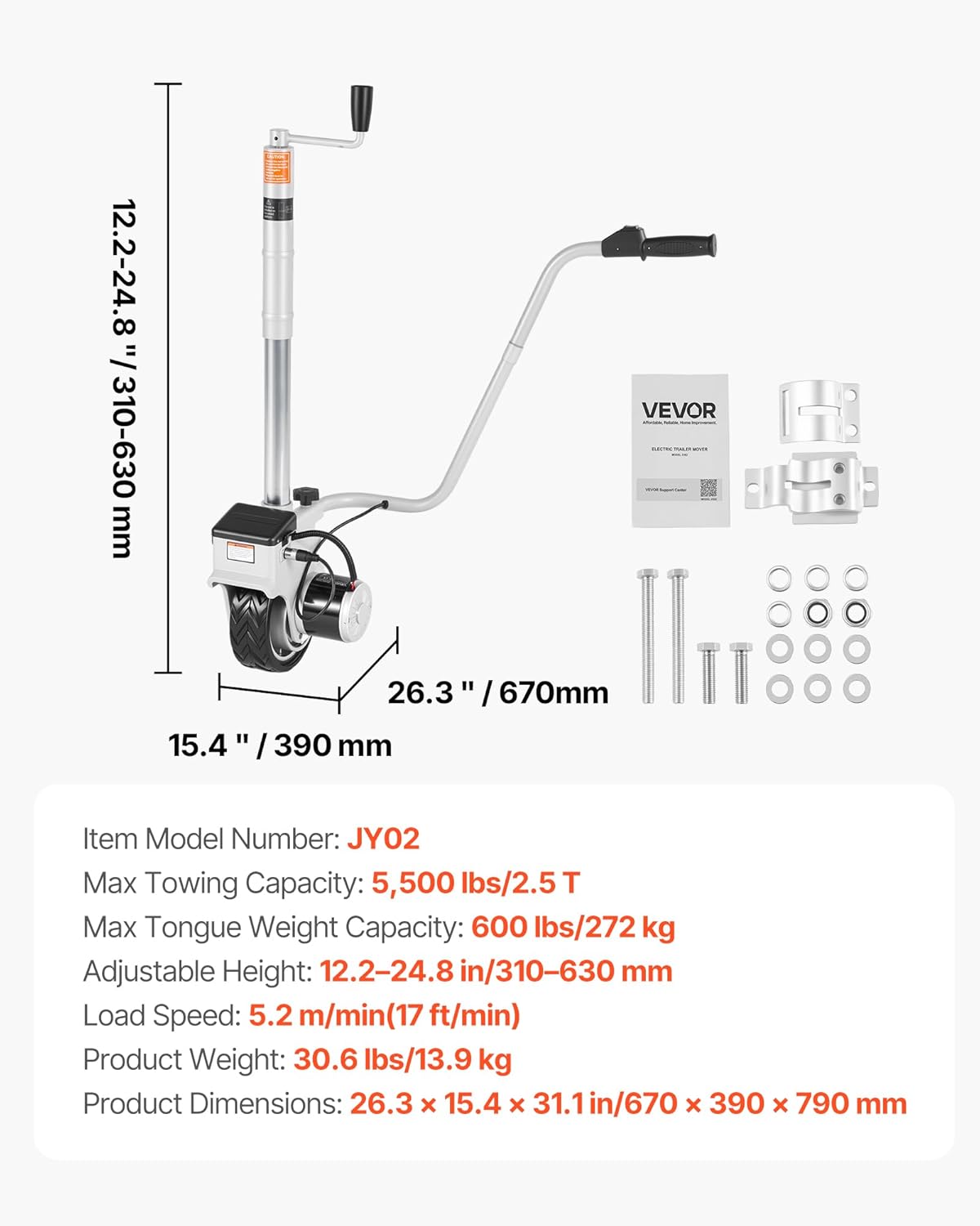 VEVOR Rueda Jockey Eléctrica Motorizada para Remolque 2,5 t, Movedor de Remolque 380 W 12 V, Velocidad de Desplazamiento 7 m/min, Altura de Abrazadera Ajustable 31-63 cm, Neumático de Goma 20,3 cm para Mover Caravanas y Barcos