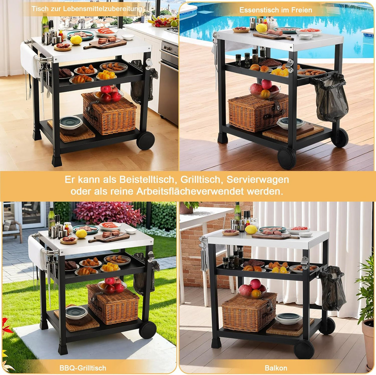LIFERUN Edelstahl Grillwagen 3 Etagen, Grilltisch Outdoor mit Edelstahl Tischplatte, Grill Beistelltisch Servierwagen, Garten Trolley Küchenwagen mit Rollen Haken, BBQ Beistellwagen Außenbereich