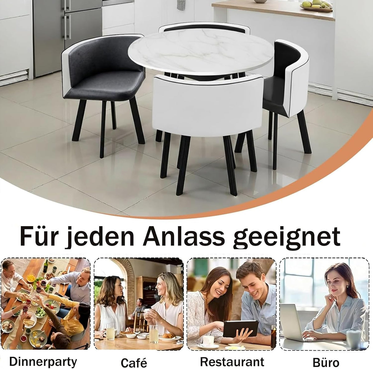 Juego de mesa de comedor y 4 sillas, mesa de comedor redonda de 90 cm y 4 sillas de comedor de piel sintética, ahorro de espacio para cocina, salón, balcón, restaurante, oficina, madera + gris claro, redondo blanco y negro