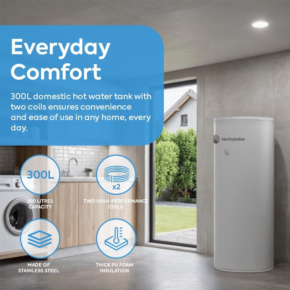 TECHGLOBE - Acumulador de agua sanitaria con 2 intercambiadores de calor (1,8 + 3,1 m²) - Fabricado completamente en acero inoxidable - Acumulador de agua caliente eficiente energéticamente - con aislamiento de 50 mm (300 L)
