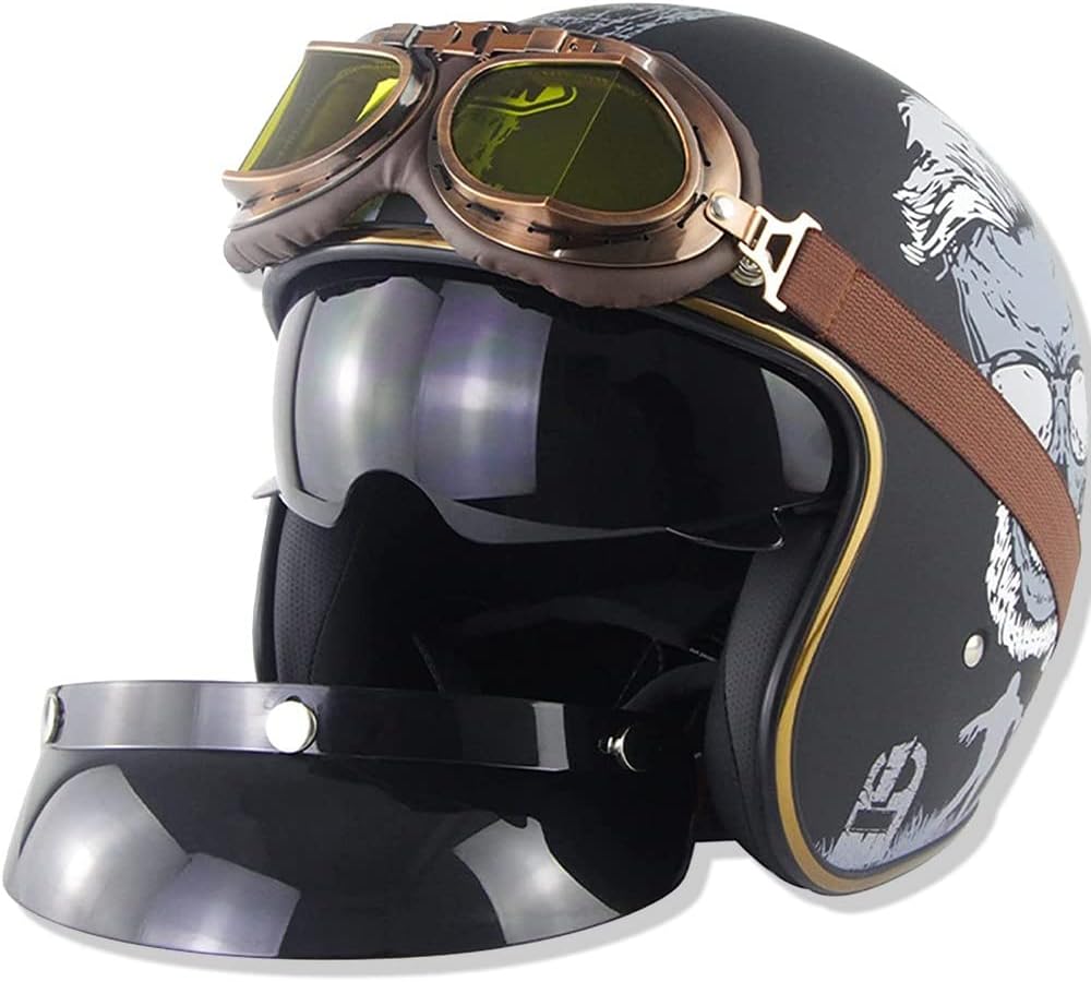 Casco de moto tipo jet vintage con gafas parasol - 3/4 cara abierta con certificación ECE para hombres y mujeres - Retro piloto chopper cruiser biker, M
