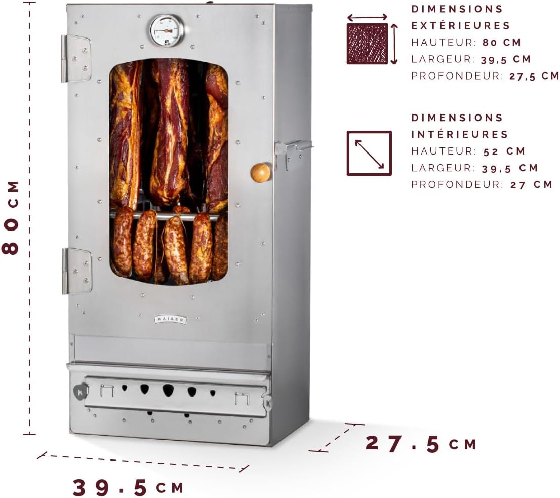 Ahumador KAISER COMPANY '50' de acero inoxidable de alta calidad, portátil de 80 cm, para ahumar hasta 10 kg de carne, calentado a leña