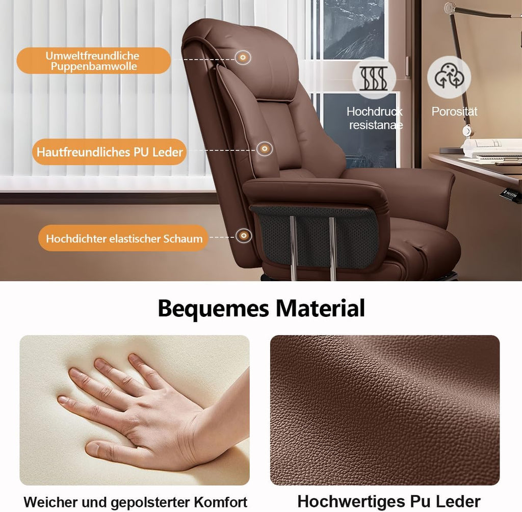Silla de oficina con reposapiés y soporte lumbar – Silla gaming ergonómica con reposacabezas ajustable en altura y respaldo reclinable, silla giratoria de piel sintética con respaldo alto para oficina en casa (marrón)