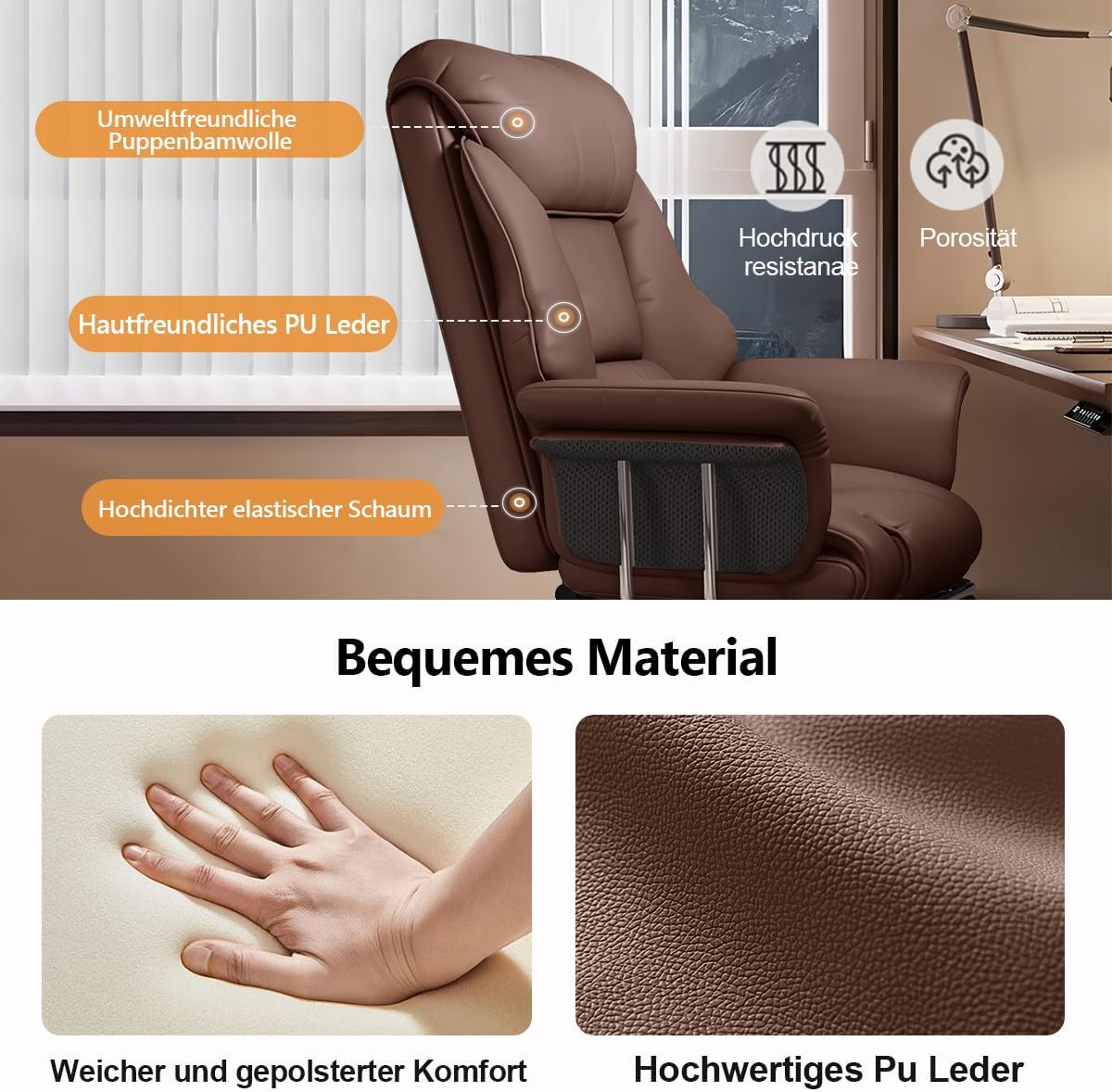 Silla de oficina con reposapiés y soporte lumbar – Silla gaming ergonómica con reposacabezas ajustable en altura y respaldo reclinable, silla giratoria de piel sintética con respaldo alto para oficina en casa (marrón)