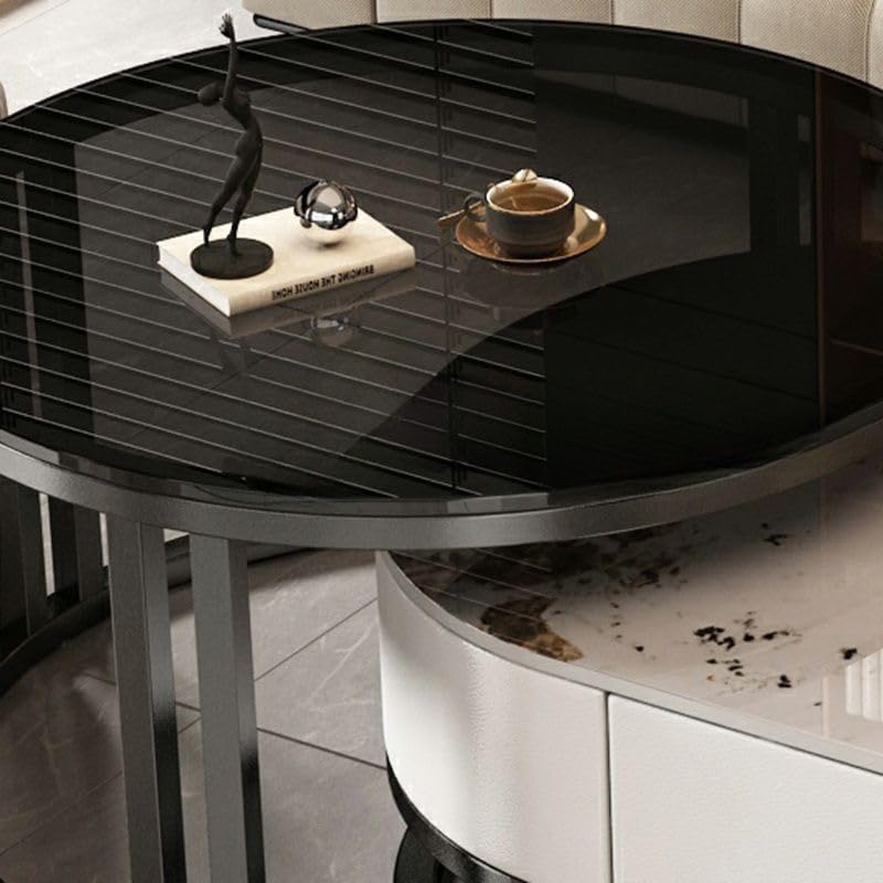 Mesa de centro ovalada de piedra, juego de 2, mesa de salón con cajón, mesa auxiliar de cristal, negro/gris – Gris, (99,9 cm L x 49,9 cm An x 40,6 cm Al) + (69,9 cm L x 69,9 cm An x 45,7 cm Al)