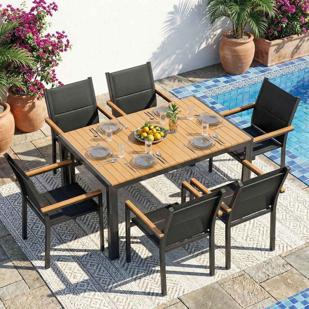 LIFERUN Set de 6 sillas de jardín, aluminio, con respaldo y asiento acolchados, silla de comedor apilable, reposabrazos de WPC, sillas de balcón, para terraza, balcón, patio, piscina, restaurantes, negro, 6 piezas