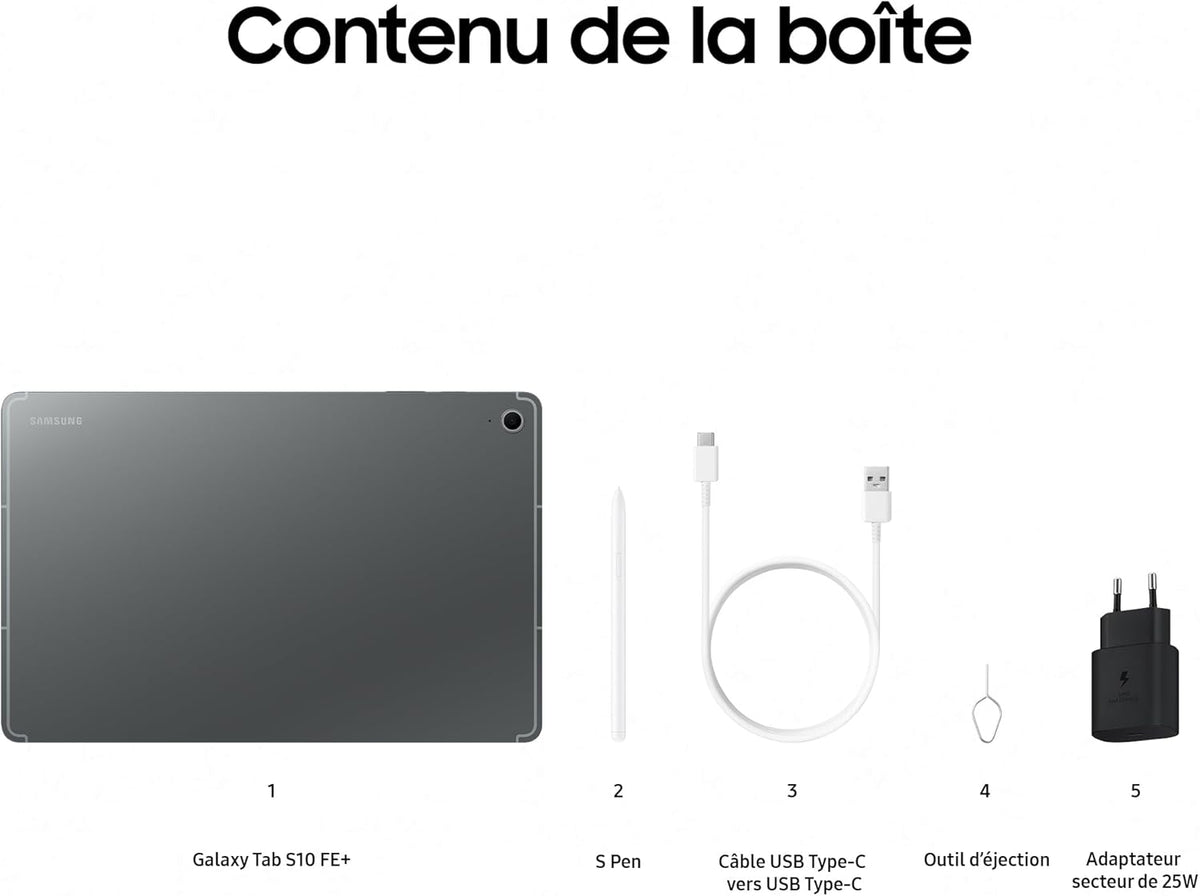 Samsung Galaxy Tab S10 FE+, Tablette Android WIFI 13,1" 128 Go, S Pen inclus, Certification IP68, Gris Anthracite, Chargeur secteur rapide 25 W inclus, Version FR