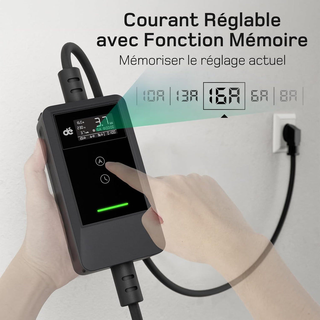 Cargador de coche eléctrico con APP 3,7kW [15m, 6-16A], cable de carga para coche eléctrico con soporte de pared, cargador Tipo 2 con pantalla LCD digital, compatible con E-208, Model Y, E-Tech y otros vehículos eléctricos/híbridos enchufables (EV/PHEV)