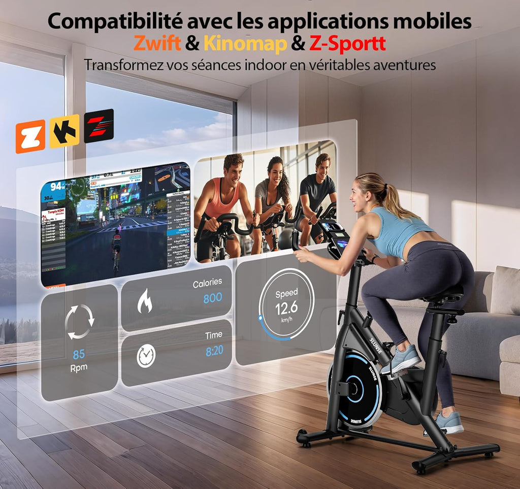 Bicicleta estática, bicicleta estática conectada a aplicaciones SLUNSE con pantalla, bicicleta estática para el hogar con resistencia magnética ajustable, asiento acolchado y ajuste de altura, capacidad de carga de 180 kg