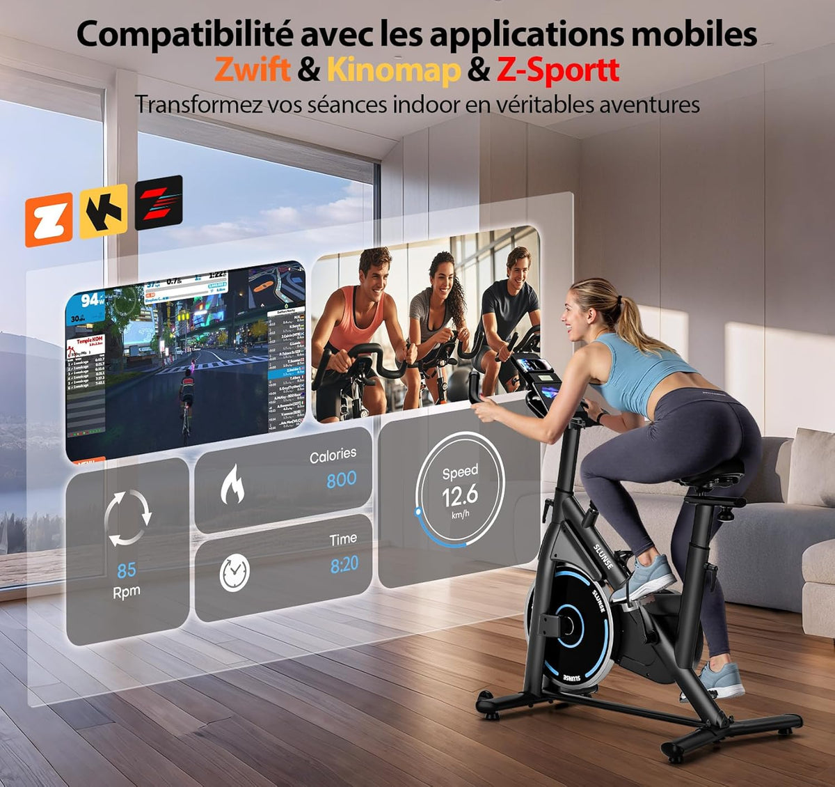 Bicicleta estática, bicicleta estática conectada a aplicaciones SLUNSE con pantalla, bicicleta estática para el hogar con resistencia magnética ajustable, asiento acolchado y ajuste de altura, capacidad de carga de 180 kg
