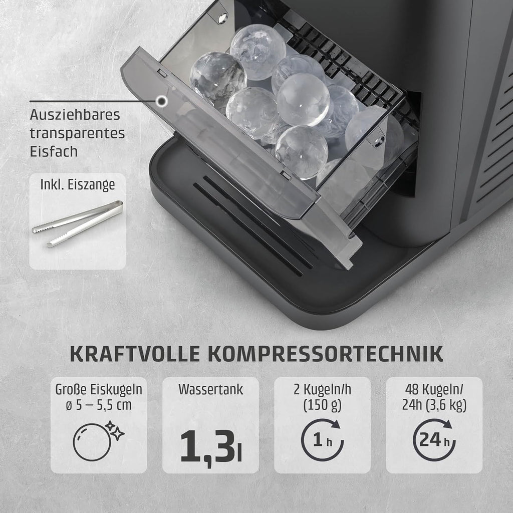 CASO IceBall Pro Máquina para hacer esferas de hielo con compresor - Esferas de hielo cristalinas de 50-55 mm, 2 esferas/hora, depósito de agua de 1,3 l, autolimpieza, pantalla LED, negro mate