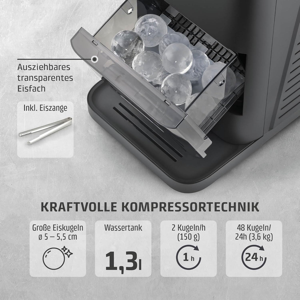 CASO IceBall Pro Máquina para hacer esferas de hielo con compresor - Esferas de hielo cristalinas de 50-55 mm, 2 esferas/hora, depósito de agua de 1,3 l, autolimpieza, pantalla LED, negro mate