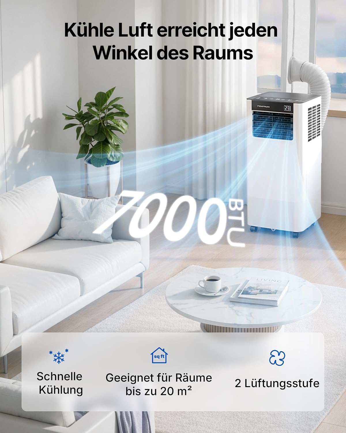Aire acondicionado portátil 7000 BTU 2,0 kW con manguera de escape | Aire acondicionado portátil 3 en 1 | Sellado de ventana | Control por APP + mando a distancia | Funcionamiento silencioso | Temporizador 24 h | Para habitaciones de hasta 20 m²